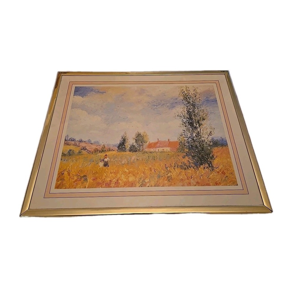Vintage Framed Print painting Grain field landscape gold frame Cottage 14"x11"
